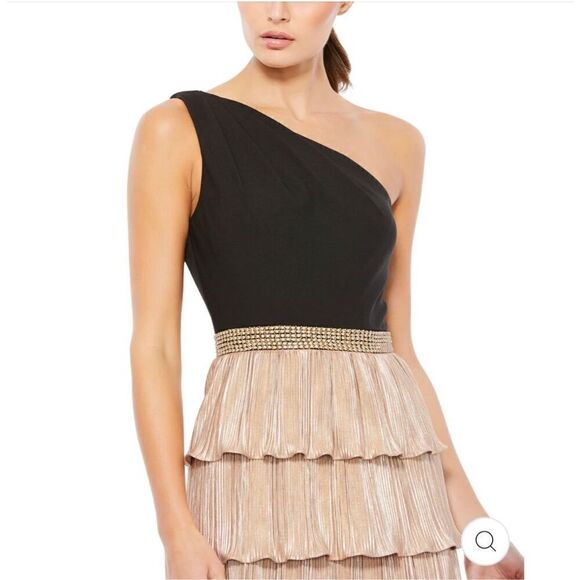 Mac Duggal NWT size 12 one shoulder metallic layered ruffle gown black/gold, for - Picture 3 of 6